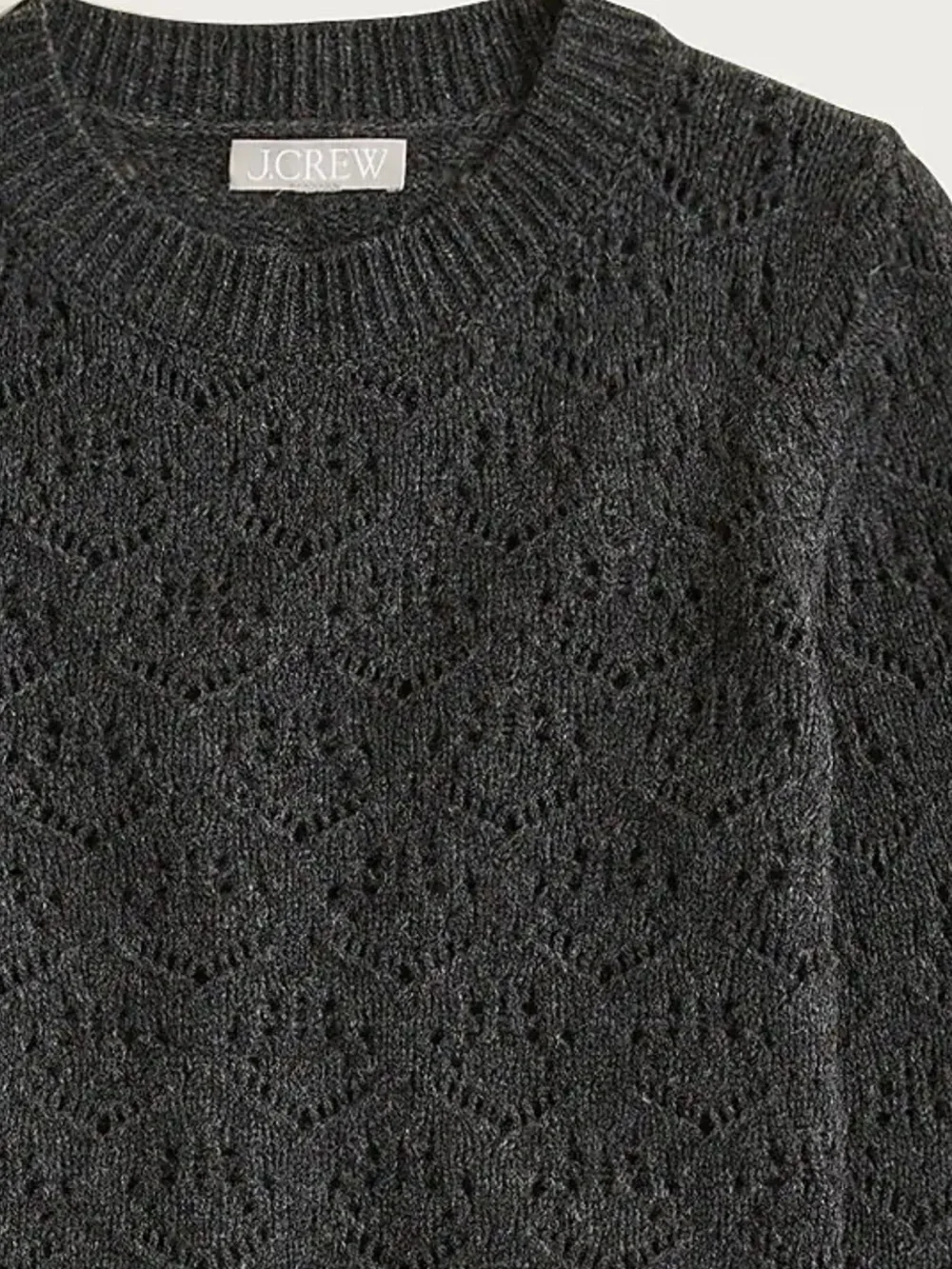 J.Crew new Wide-sleeve pointelle crewneck sweater merino wool charcoal gray NWT